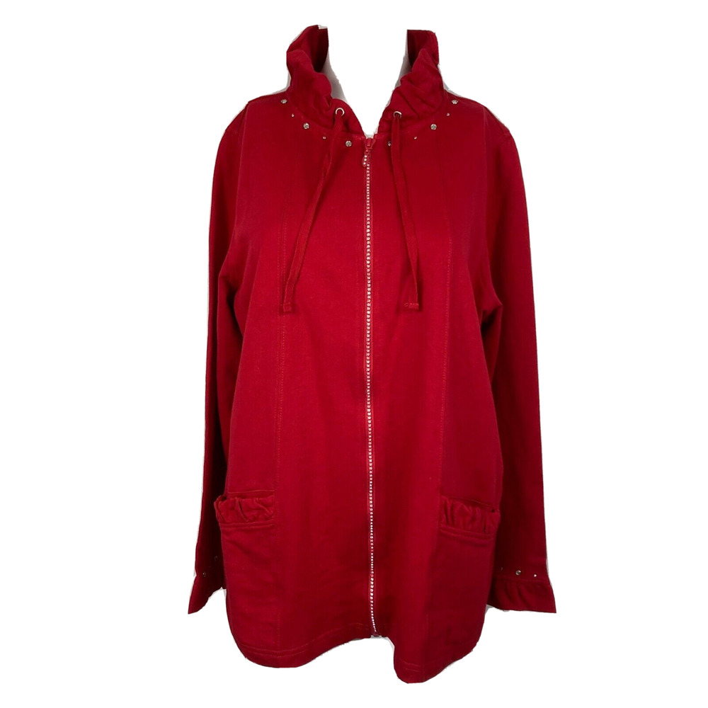 Quacker Factory Jacket Womens Sz M Red Cotton Knit Rhinestone Ruffle Neck Zip Up